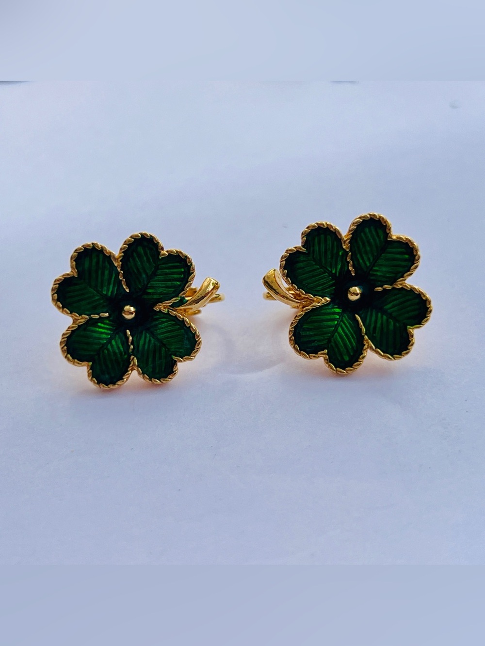 Avon | Green Enamel Flower Clip-On Earrings | Gold Tone Vintage